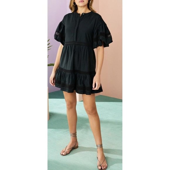 Marie Oliver Jade Dress in Black Size XXS Mini Tiered Ruffle Puff Sleeve Crochet - Picture 1 of 12